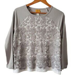 Rudy Rd. Petite Women’s Light Gray Lace Overlay Long Sleeve Blouse Size PM